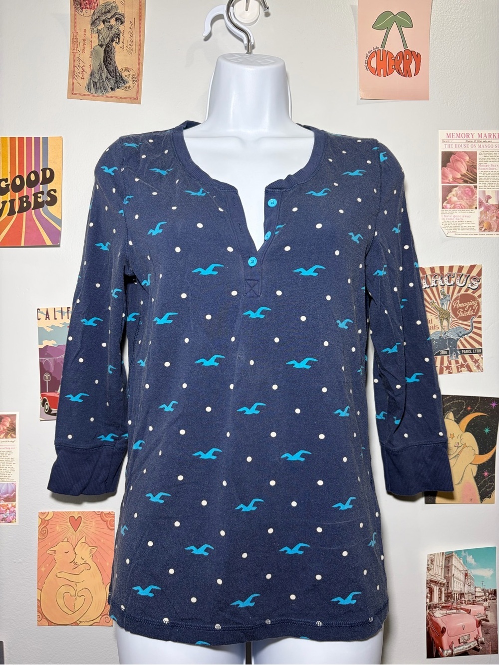 Hollister Navy Polka Dot Top with Teal Accent